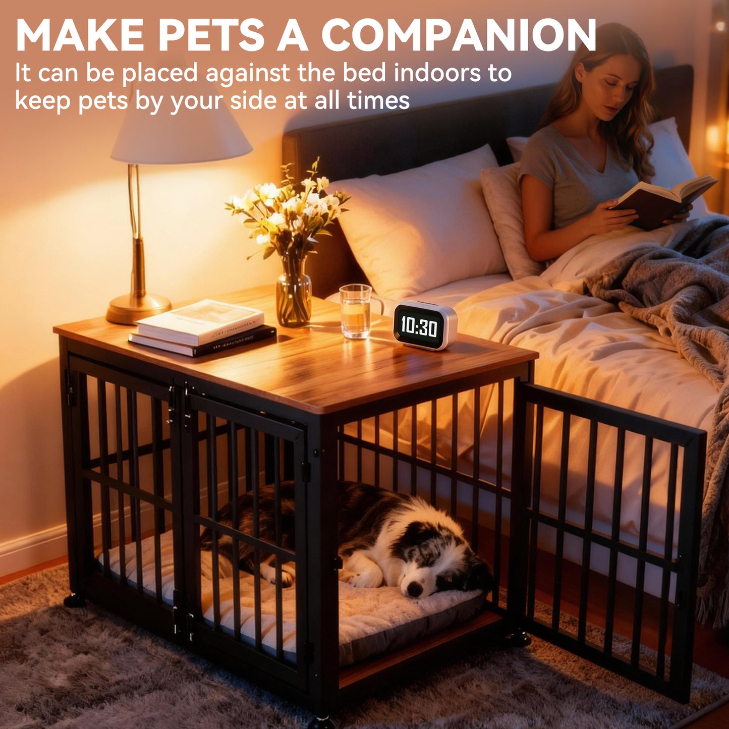Oranland 42 Inch Dog Crate Furniture for Large Dogs, Heavy Duty Indoor Wooden Dog Kennel,End Table with 0.8” Steel Tubes, Quadruple Lock, Waterproof Top, 300 lb Capacity, Black