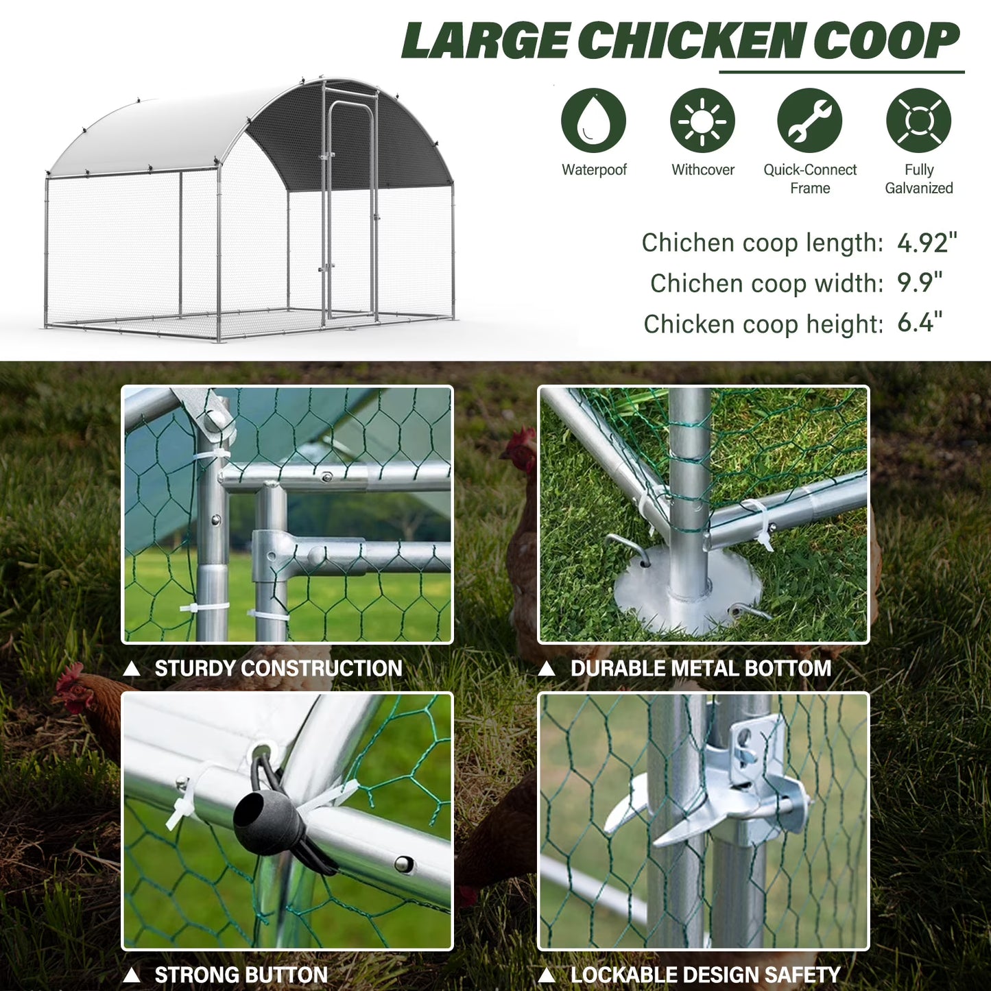 Oranland 4.92'x 9.9'x 6.4' Large Metal Chicken Coop, Chicken Runs for Yard with Waterproof and Anti-UV Cover, Walk-in Metal Poultry Cage for Backyard, Farm