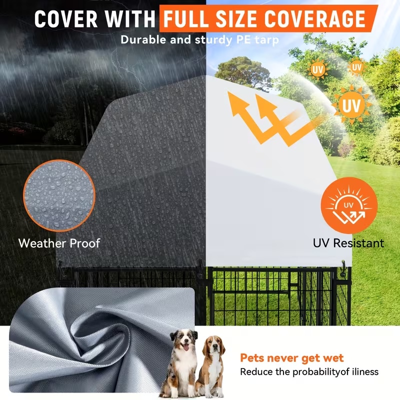 Oranland 8'x 4'x 6' Outdoor Large Dog Kennel, Welded Rectangular Dog Pens Cage with Waterproof Cover, Dog Playpen with 2 Rotating Bowls & Secure Lock for Patio, Garden, Backyard