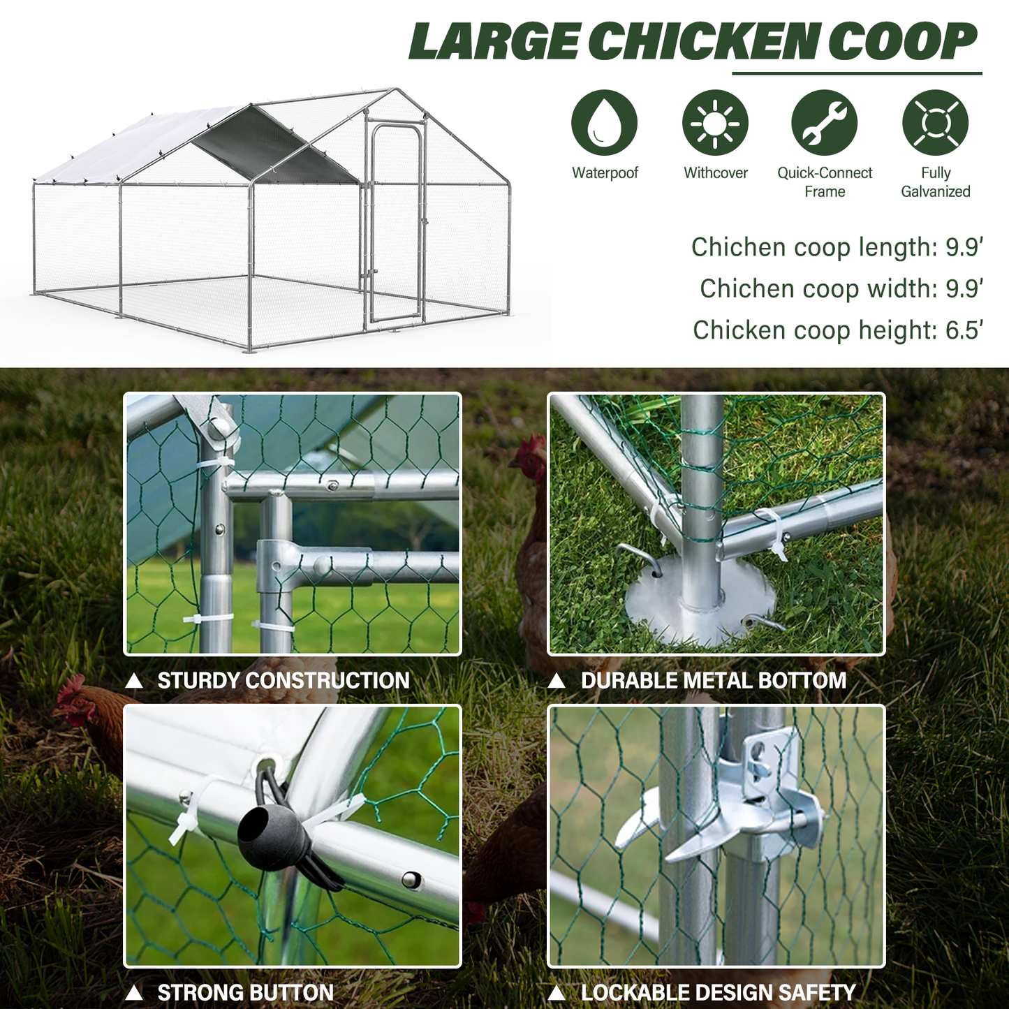 Oranland 9.9'x 9.9'x 6.5' Large Metal Chicken Coop Run, Walk-in with Galvanized Hardware, Waterproof & Anti-UV Peak Cover for Backyard, Farm
