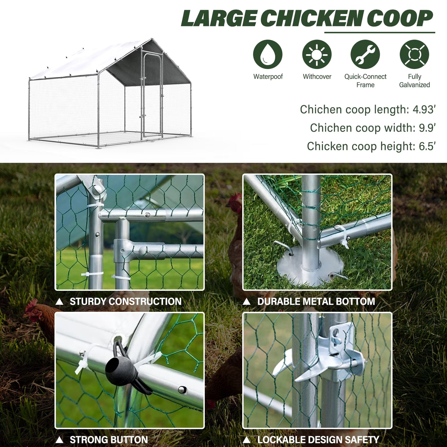 Oranland 4.9'x 9.9'x 6.5' Large Metal Walk-in Chicken Coop Run with Galvanized Hardware, Waterproof & Anti-UV Cover, for Backyard Farm