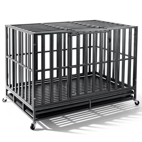 Oranland 48 inch Heavy Duty Dog Crate for High Anxiety Large Dogs,2026 Ultimate Escape Proof Base Plate,Steel Dog Kennel/Max Load Capacity 300lbs/Double Door with Wheels