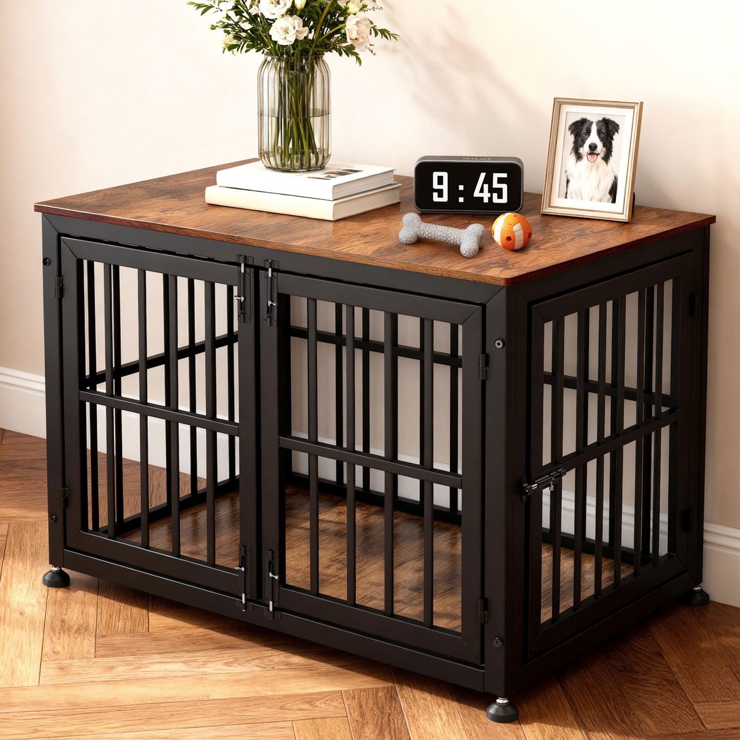 Oranland 42 Inch Dog Crate Furniture for Large Dogs, Heavy Duty Indoor Wooden Dog Kennel,End Table with 0.8” Steel Tubes, Quadruple Lock, Waterproof Top, 300 lb Capacity, Black