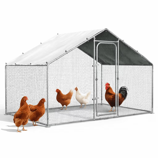 Oranland 4.9'x 9.9'x 6.5' Large Metal Walk-in Chicken Coop Run with Galvanized Hardware, Waterproof & Anti-UV Cover, for Backyard Farm