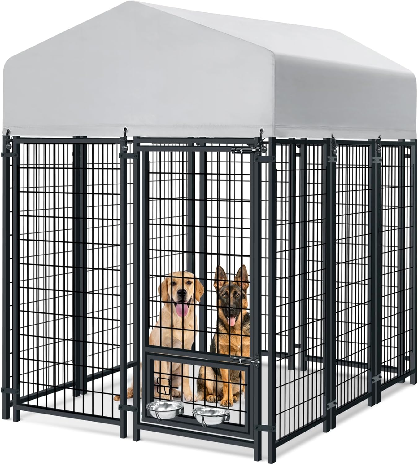 Oranland 4x4x6 FT Outdoor Dog Kennel with Waterproof Roof, Heavy-Duty Welded Wire Steel Dog Pen with Secure Lock and 360° Rotating Feeding Bowls