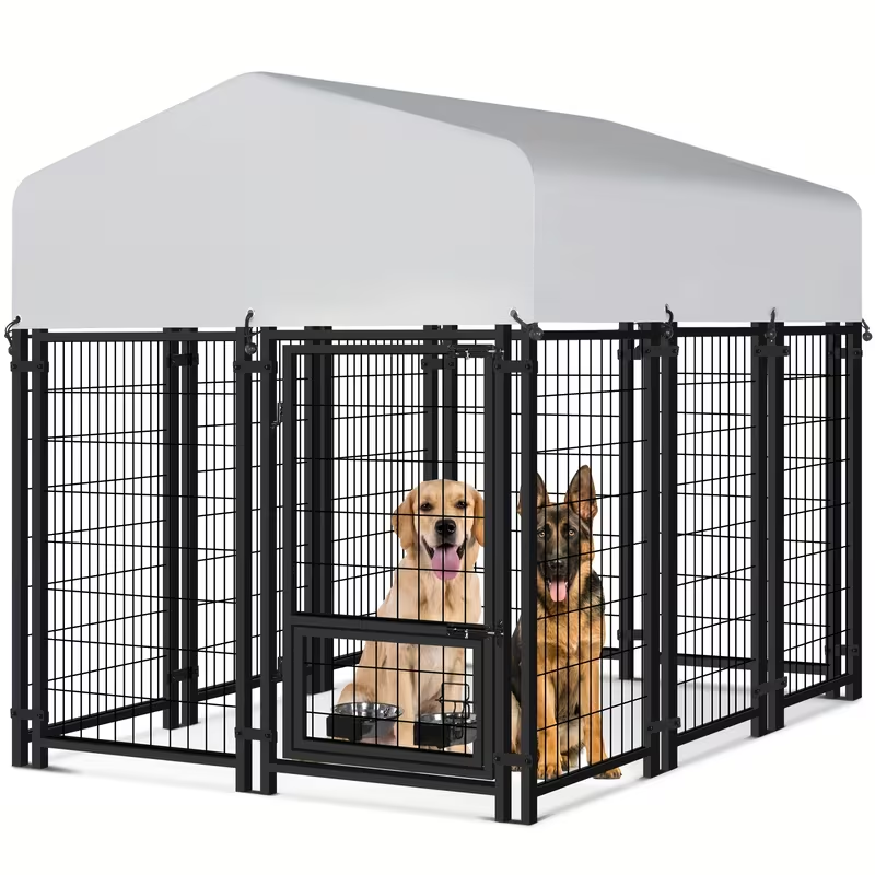 Oranland 6 x4 x5FT Outdoor Large Dog Kennel, Heavy Duty Modular Dog Cage with Waterproof Cover, Dog Playpen with 2 Rotating Bowls & Secure Lock for Patio, Garden, Backyard