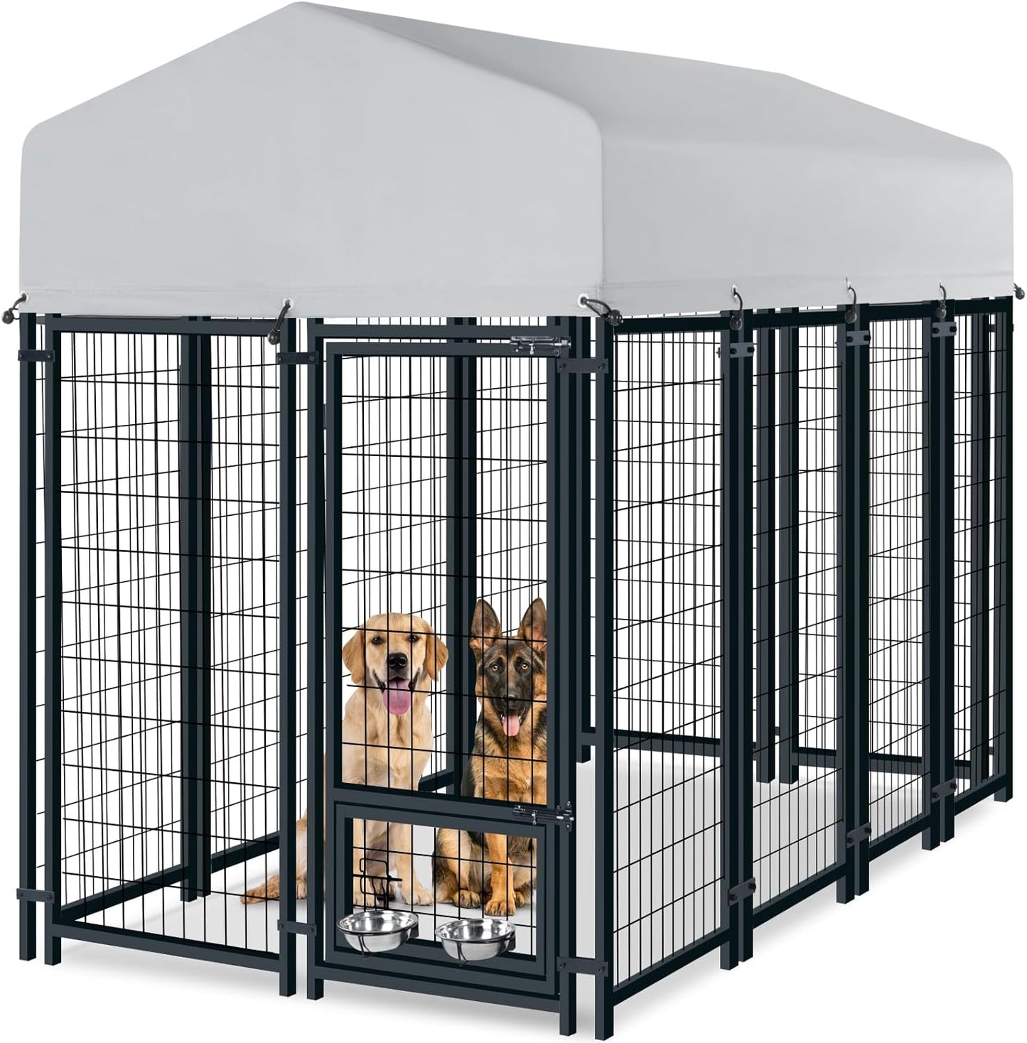 Oranland 4x4x6 FT Outdoor Dog Kennel with Waterproof Roof, Heavy-Duty Welded Wire Steel Dog Pen with Secure Lock and 360° Rotating Feeding Bowls