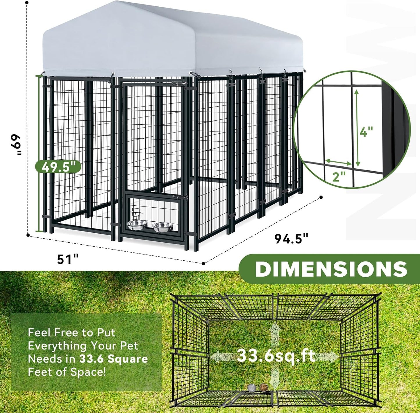 Oranland 4x4x6 FT Outdoor Dog Kennel with Waterproof Roof, Heavy-Duty Welded Wire Steel Dog Pen with Secure Lock and 360° Rotating Feeding Bowls