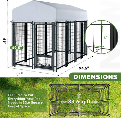 Oranland 4x4x6 FT Outdoor Dog Kennel with Waterproof Roof, Heavy-Duty Welded Wire Steel Dog Pen with Secure Lock and 360° Rotating Feeding Bowls