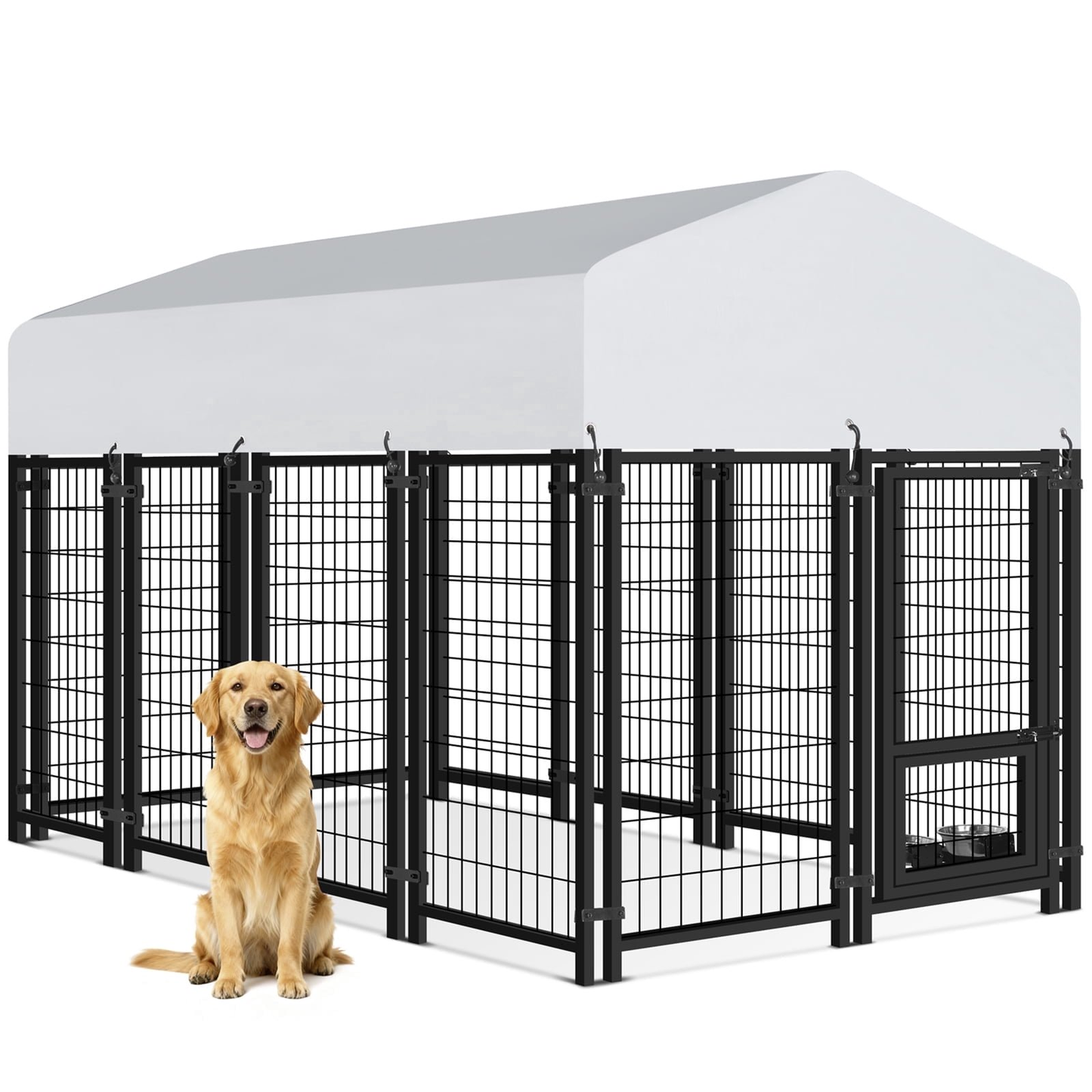 Oranland 8 x4 x5FT Outdoor Large Dog Kennel, Heavy Duty Modular Dog Cage with Waterproof Cover, Dog Playpen with 2 Rotating Bowls & Secure Lock for Patio, Garden, Backyard