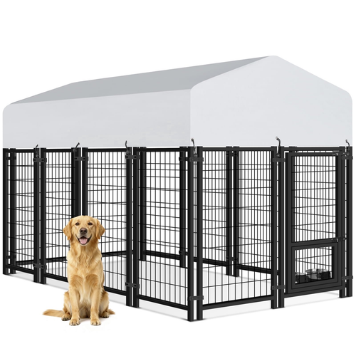 Oranland 8 x4 x5FT Outdoor Large Dog Kennel, Heavy Duty Modular Dog Cage with Waterproof Cover, Dog Playpen with 2 Rotating Bowls & Secure Lock for Patio, Garden, Backyard