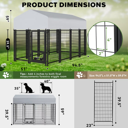 Oranland 8 x4 x5FT Outdoor Large Dog Kennel, Heavy Duty Modular Dog Cage with Waterproof Cover, Dog Playpen with 2 Rotating Bowls & Secure Lock for Patio, Garden, Backyard