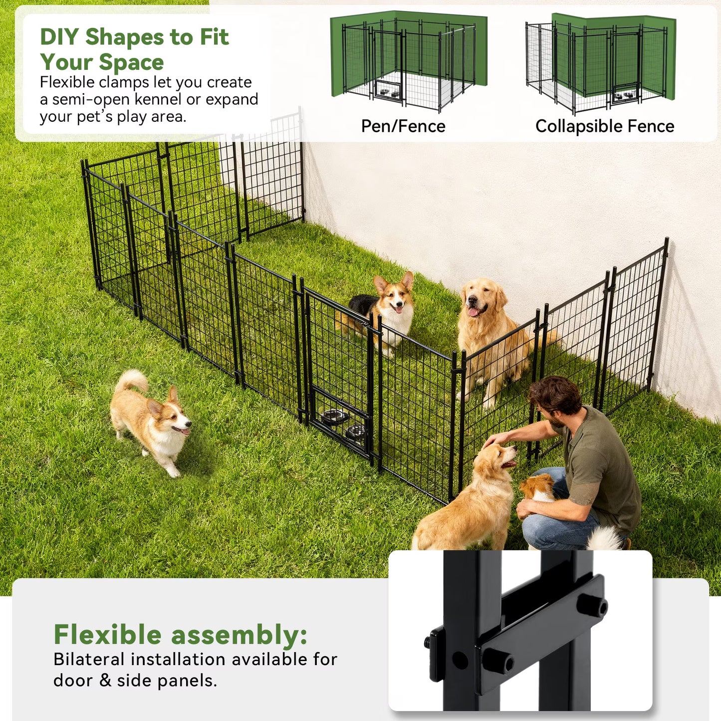 Oranland 8 x4 x5FT Outdoor Large Dog Kennel, Heavy Duty Modular Dog Cage with Waterproof Cover, Dog Playpen with 2 Rotating Bowls & Secure Lock for Patio, Garden, Backyard