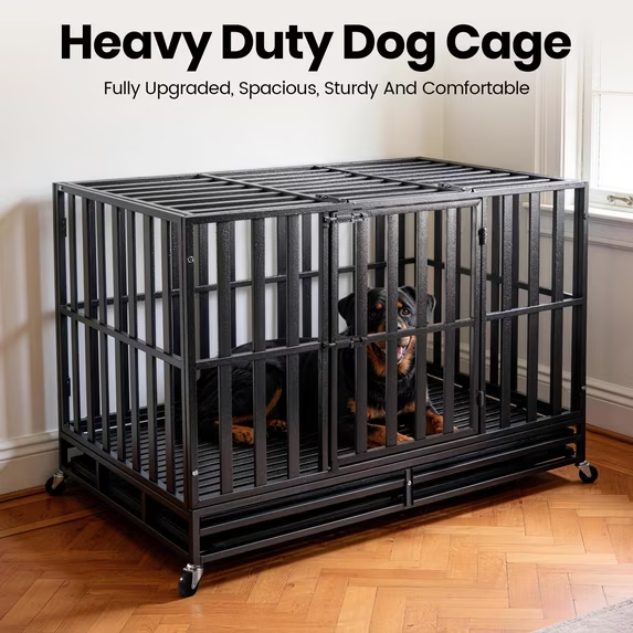 Oranland 48 inch Heavy Duty Dog Crate for High Anxiety Large Dogs,2026 Ultimate Escape Proof Base Plate,Steel Dog Kennel/Max Load Capacity 300lbs/Double Door with Wheels