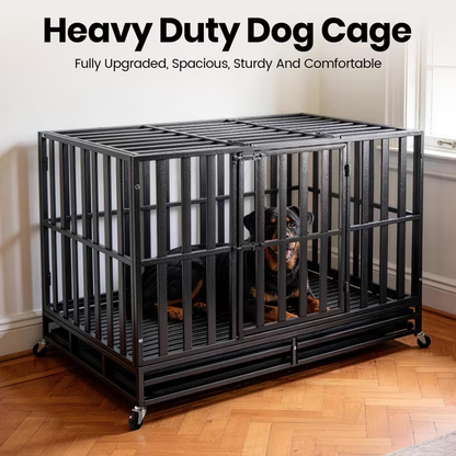 Oranland 48 inch Heavy Duty Dog Crate for High Anxiety Large Dogs,2026 Ultimate Escape Proof Base Plate,Steel Dog Kennel/Max Load Capacity 300lbs/Double Door with Wheels