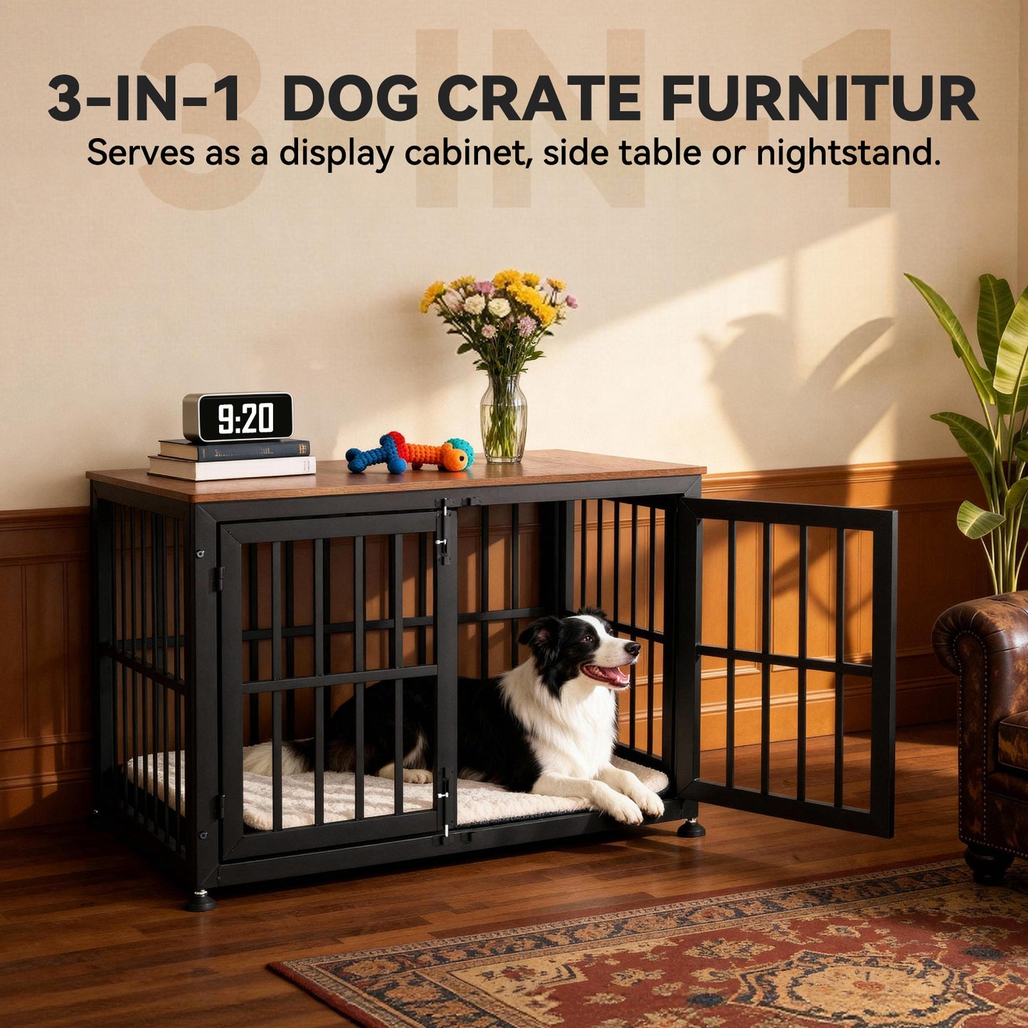 Oranland 42 Inch Dog Crate Furniture for Large Dogs, Heavy Duty Indoor Wooden Dog Kennel,End Table with 0.8” Steel Tubes, Quadruple Lock, Waterproof Top, 300 lb Capacity, Black