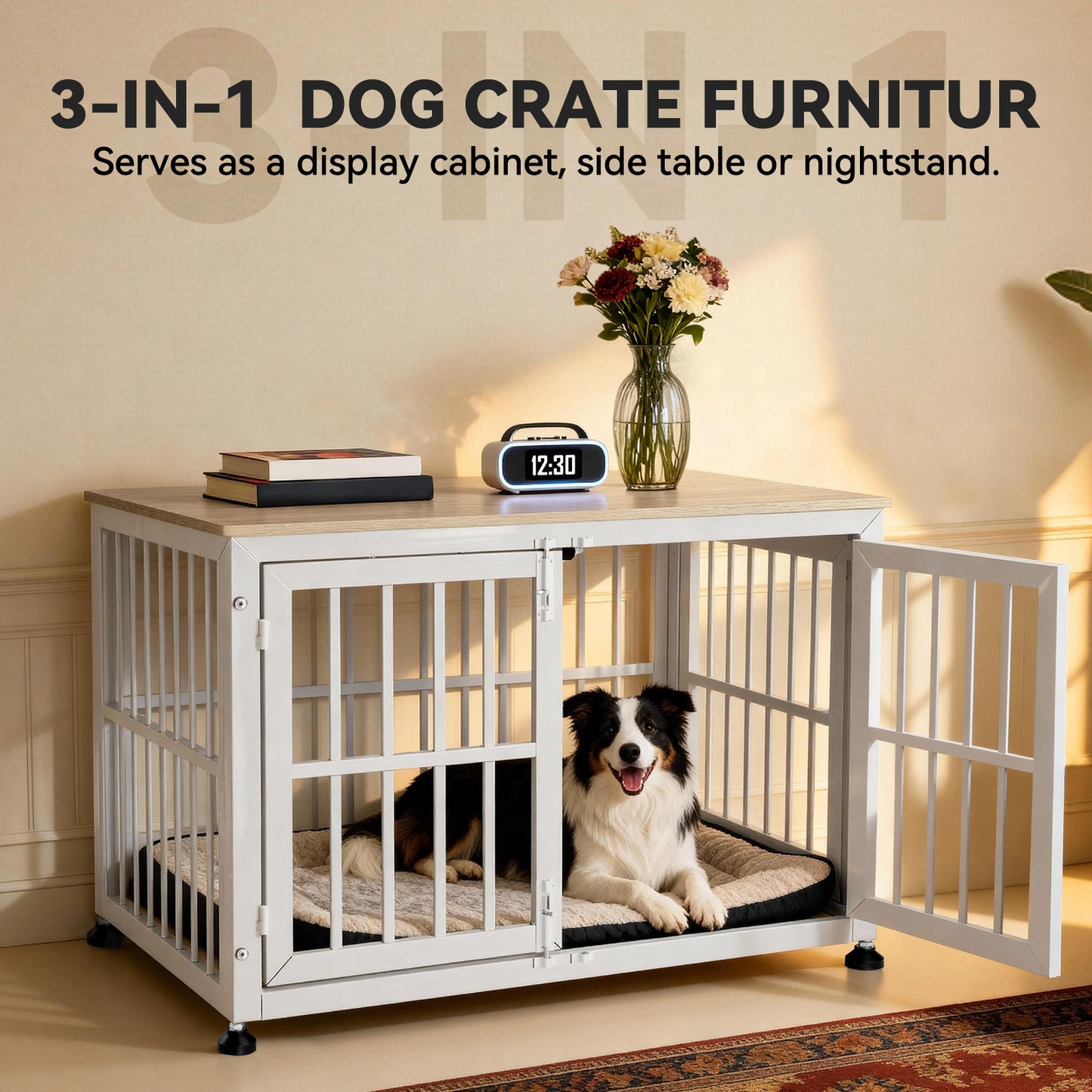 Oranland 42 Inch Heavy Duty Dog Crate Furniture,Dog Kennel Furniture Indoor for Large and Medium Dogs,Decorative Pet House End Table, 0.8 Inch Steel Tubes Wooden Cage/Max Load Capacity 300lbs/White
