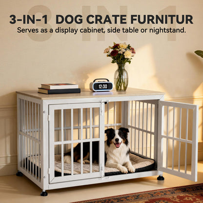 Oranland 42 Inch Heavy Duty Dog Crate Furniture,Dog Kennel Furniture Indoor for Large and Medium Dogs,Decorative Pet House End Table, 0.8 Inch Steel Tubes Wooden Cage/Max Load Capacity 300lbs/White