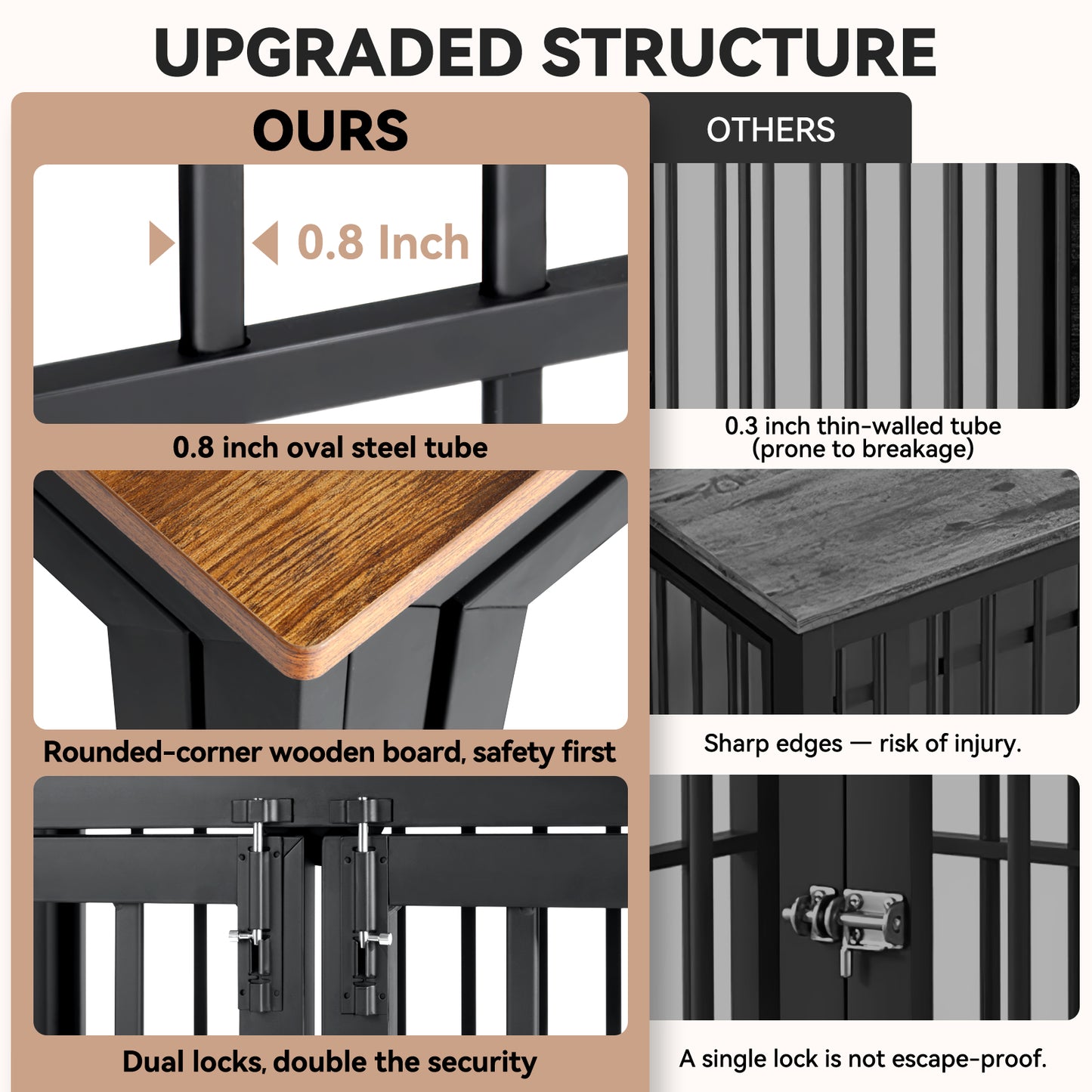 Oranland 42 Inch Dog Crate Furniture for Large Dogs, Heavy Duty Indoor Wooden Dog Kennel,End Table with 0.8” Steel Tubes, Quadruple Lock, Waterproof Top, 300 lb Capacity, Black