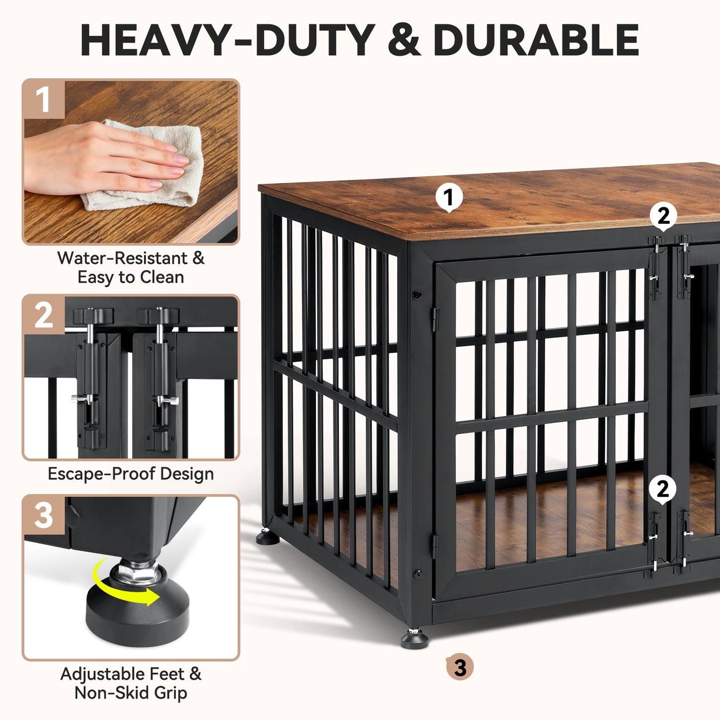 Oranland 42 Inch Dog Crate Furniture for Large Dogs, Heavy Duty Indoor Wooden Dog Kennel,End Table with 0.8” Steel Tubes, Quadruple Lock, Waterproof Top, 300 lb Capacity, Black