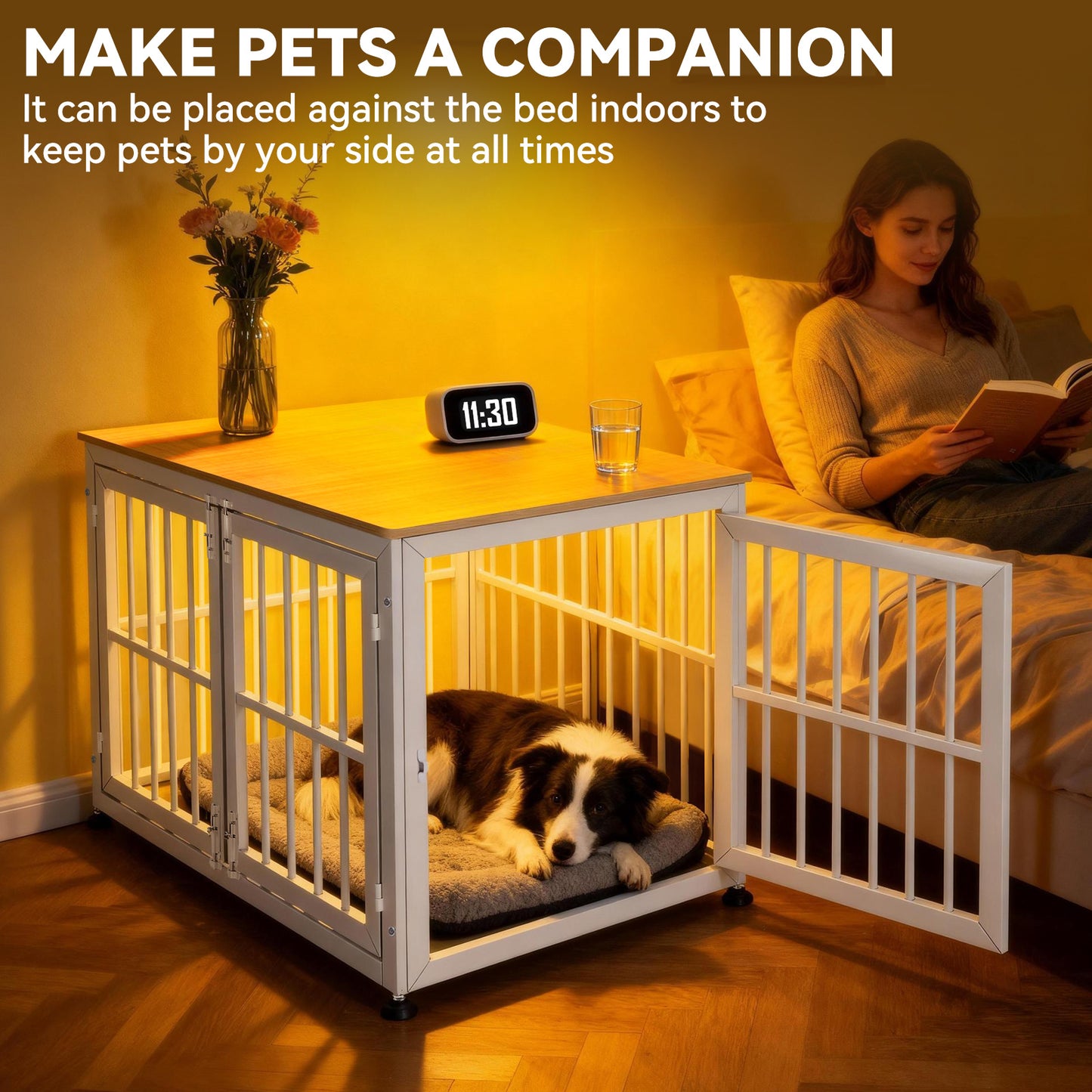 Oranland 42 Inch Heavy Duty Dog Crate Furniture,Dog Kennel Furniture Indoor for Large and Medium Dogs,Decorative Pet House End Table, 0.8 Inch Steel Tubes Wooden Cage/Max Load Capacity 300lbs/White