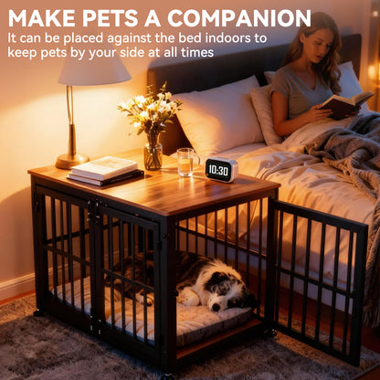 Oranland 42 Inch Dog Crate Furniture for Large Dogs, Heavy Duty Indoor Wooden Dog Kennel,End Table with 0.8” Steel Tubes, Quadruple Lock, Waterproof Top, 300 lb Capacity, Black
