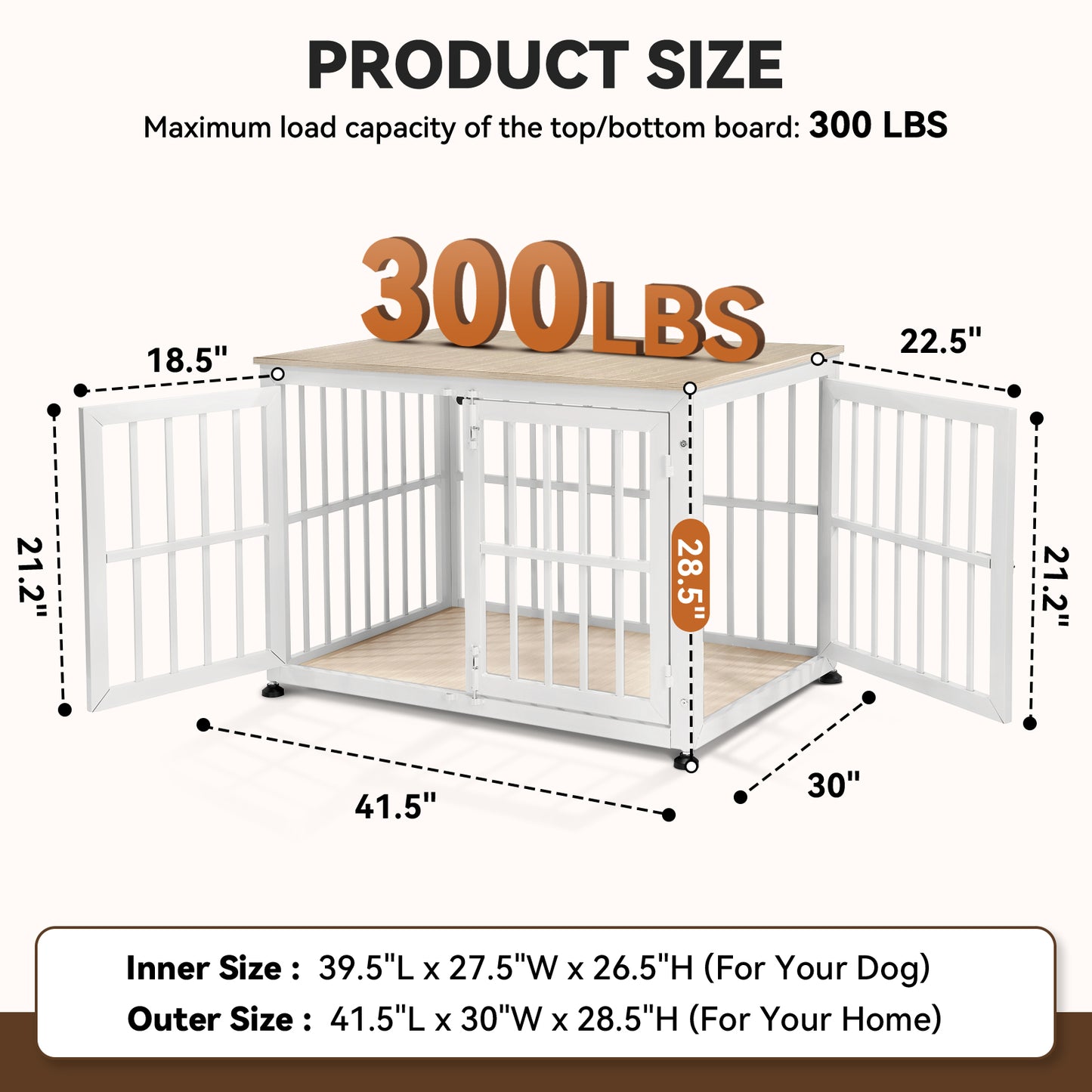 Oranland 42 Inch Heavy Duty Dog Crate Furniture,Dog Kennel Furniture Indoor for Large and Medium Dogs,Decorative Pet House End Table, 0.8 Inch Steel Tubes Wooden Cage/Max Load Capacity 300lbs/White