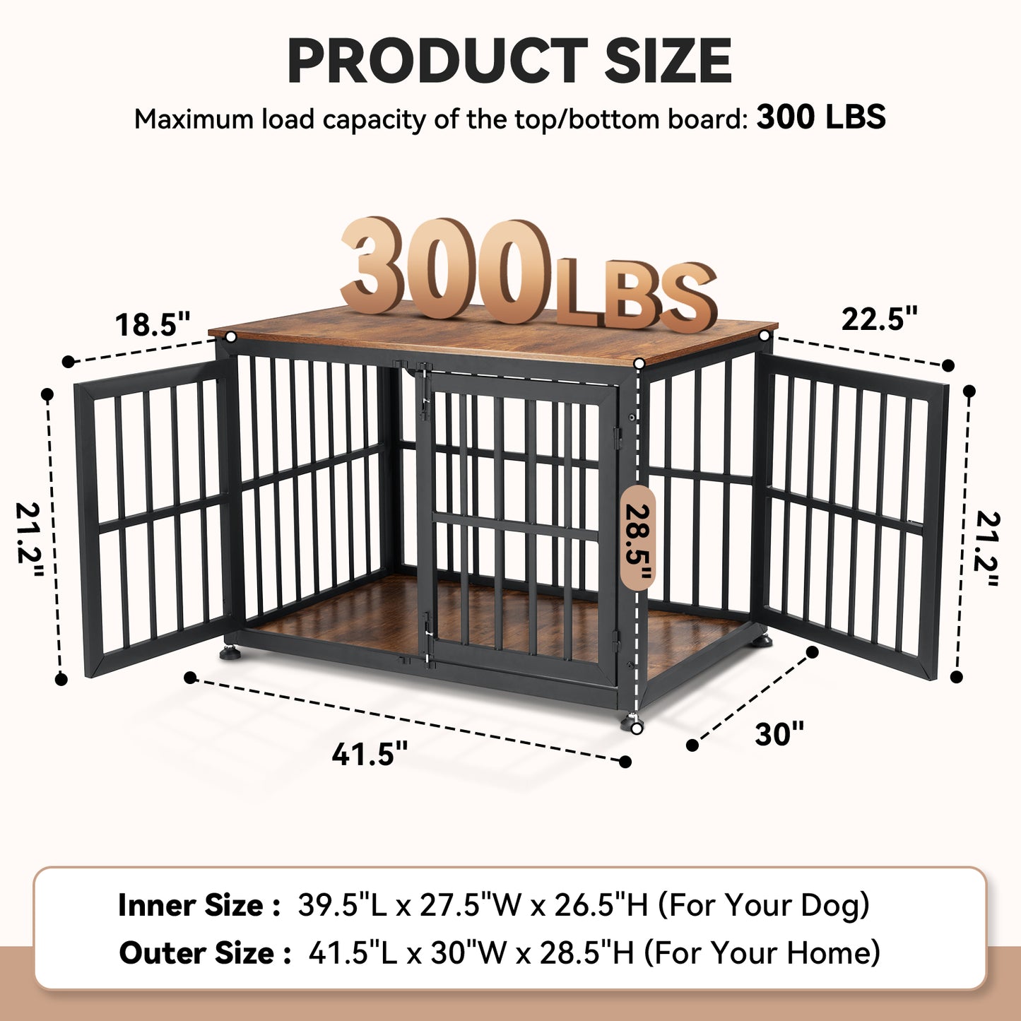 Oranland 42 Inch Dog Crate Furniture for Large Dogs, Heavy Duty Indoor Wooden Dog Kennel,End Table with 0.8” Steel Tubes, Quadruple Lock, Waterproof Top, 300 lb Capacity, Black