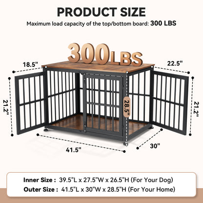 Oranland 42 Inch Dog Crate Furniture for Large Dogs, Heavy Duty Indoor Wooden Dog Kennel,End Table with 0.8” Steel Tubes, Quadruple Lock, Waterproof Top, 300 lb Capacity, Black