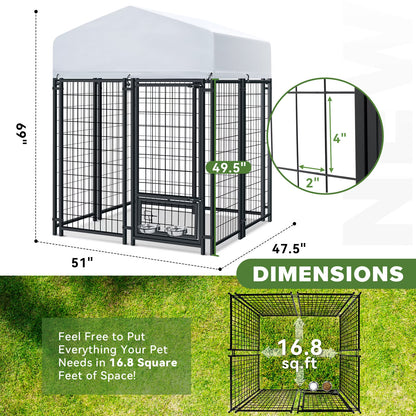 Oranland 4'x 4'x 6' Outdoor Large Dog Kennel, Welded Rectangular Dog Pens Cage with Waterproof Cover, Dog Playpen with 2 Rotating Bowls & Secure Lock for Patio, Garden, Backyard