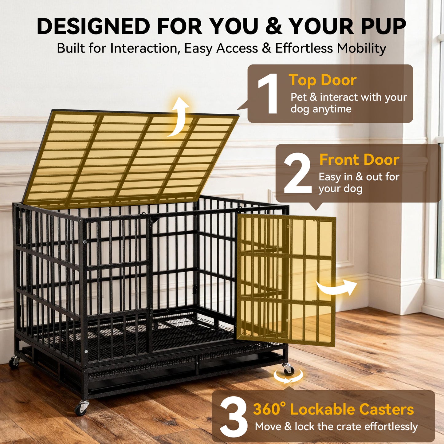 Oranland 48Inch Heavy Duty Dog Crate Cage Kennel with Wheels, High Anxiety Indestructible, Sturdy Locks Design, Double Door and Removable Tray, Extra Large XL XXL