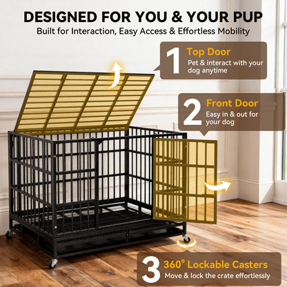 Oranland 48Inch Heavy Duty Dog Crate Cage Kennel with Wheels, High Anxiety Indestructible, Sturdy Locks Design, Double Door and Removable Tray, Extra Large XL XXL
