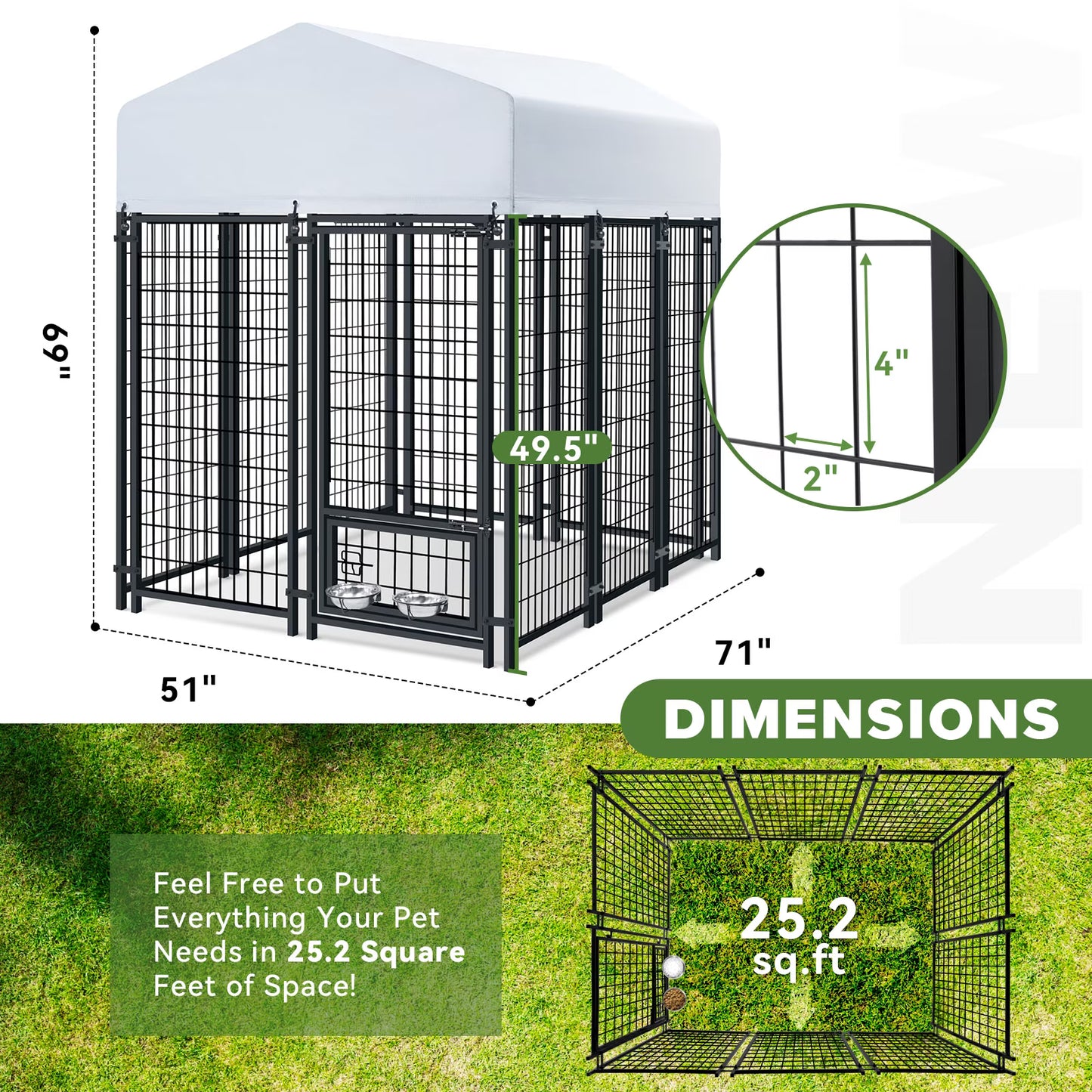 Oranland 6'x 4'x 6' Outdoor Large Dog Kennel, Welded Rectangular Dog Pens Cage with Waterproof Cover, Dog Playpen with 2 Rotating Bowls & Secure Lock for Patio, Garden, Backyard