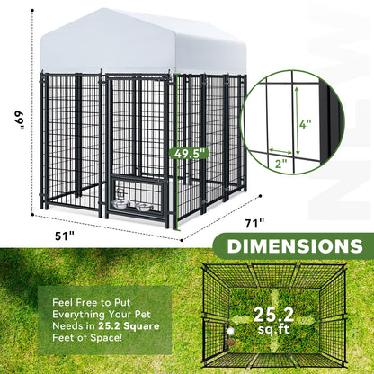 Oranland 6'x 4'x 6' Outdoor Large Dog Kennel, Welded Rectangular Dog Pens Cage with Waterproof Cover, Dog Playpen with 2 Rotating Bowls & Secure Lock for Patio, Garden, Backyard