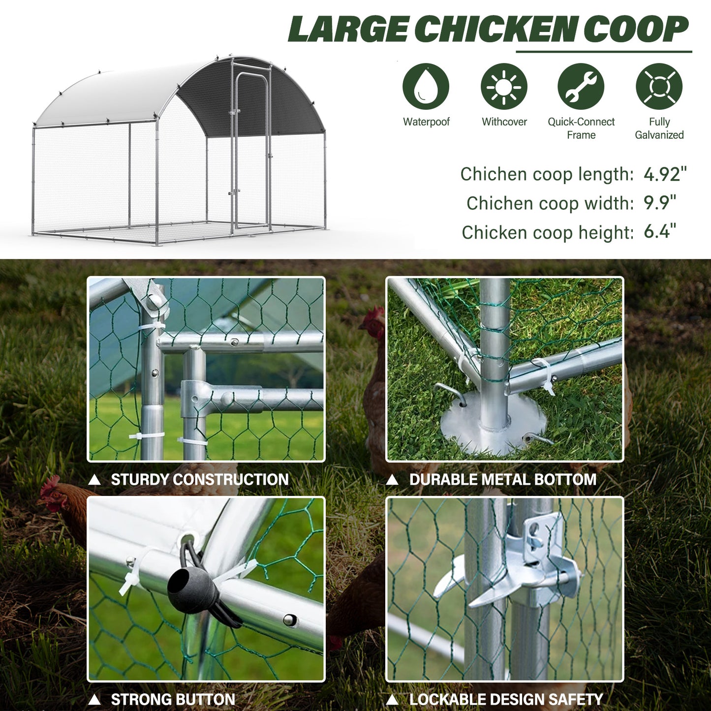 ORANLAND Large Metal Chicken Coop, Walk-In Dome Chicken Run for Backyard, Heavy-Duty Outdoor Poultry Enclosure with Secure Lock and Waterproof Cover