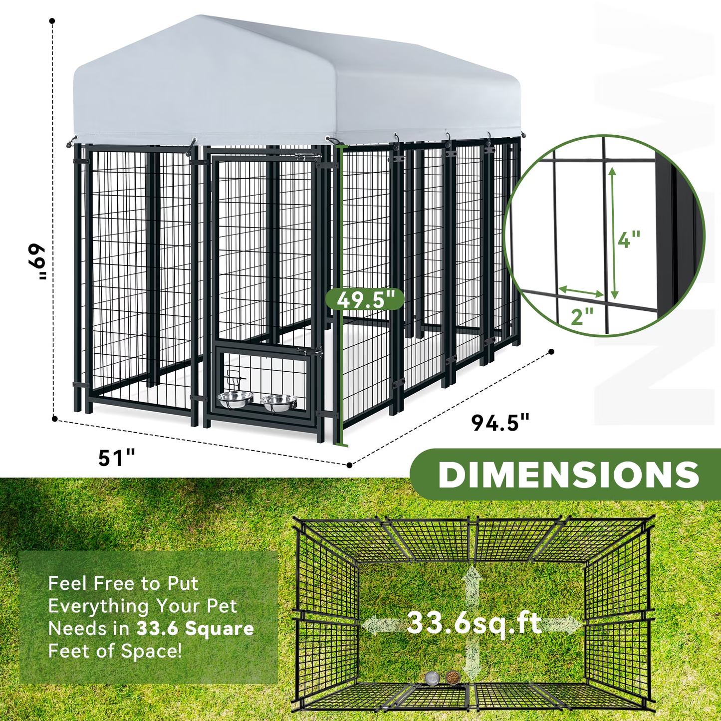 Oranland 8'x 4'x 6' Outdoor Large Dog Kennel, Welded Rectangular Dog Pens Cage with Waterproof Cover, Dog Playpen with 2 Rotating Bowls & Secure Lock for Patio, Garden, Backyard