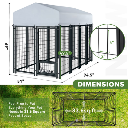 Oranland 8'x 4'x 6' Outdoor Large Dog Kennel, Welded Rectangular Dog Pens Cage with Waterproof Cover, Dog Playpen with 2 Rotating Bowls & Secure Lock for Patio, Garden, Backyard