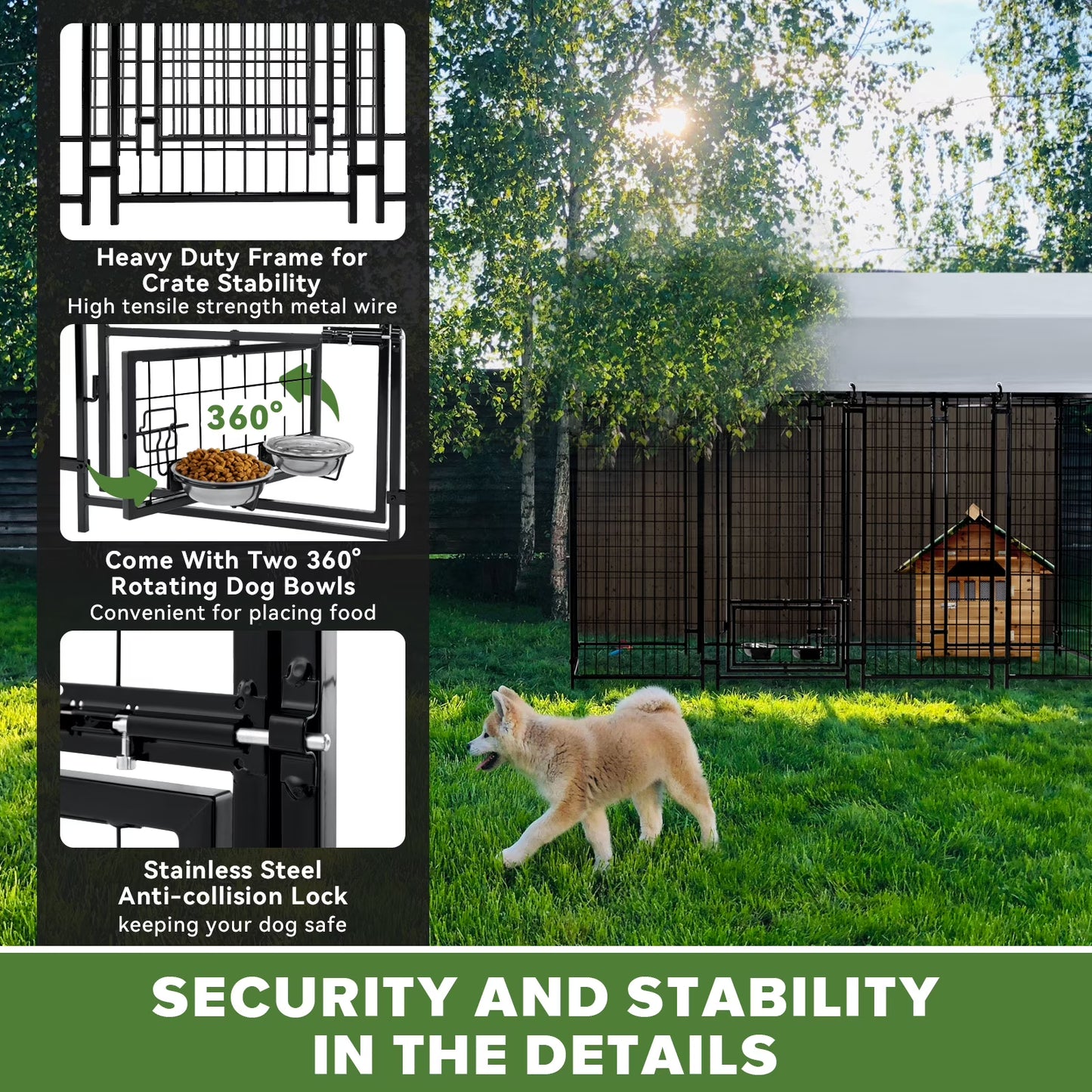 Oranland 6'x 4'x 6' Outdoor Large Dog Kennel, Welded Rectangular Dog Pens Cage with Waterproof Cover, Dog Playpen with 2 Rotating Bowls & Secure Lock for Patio, Garden, Backyard