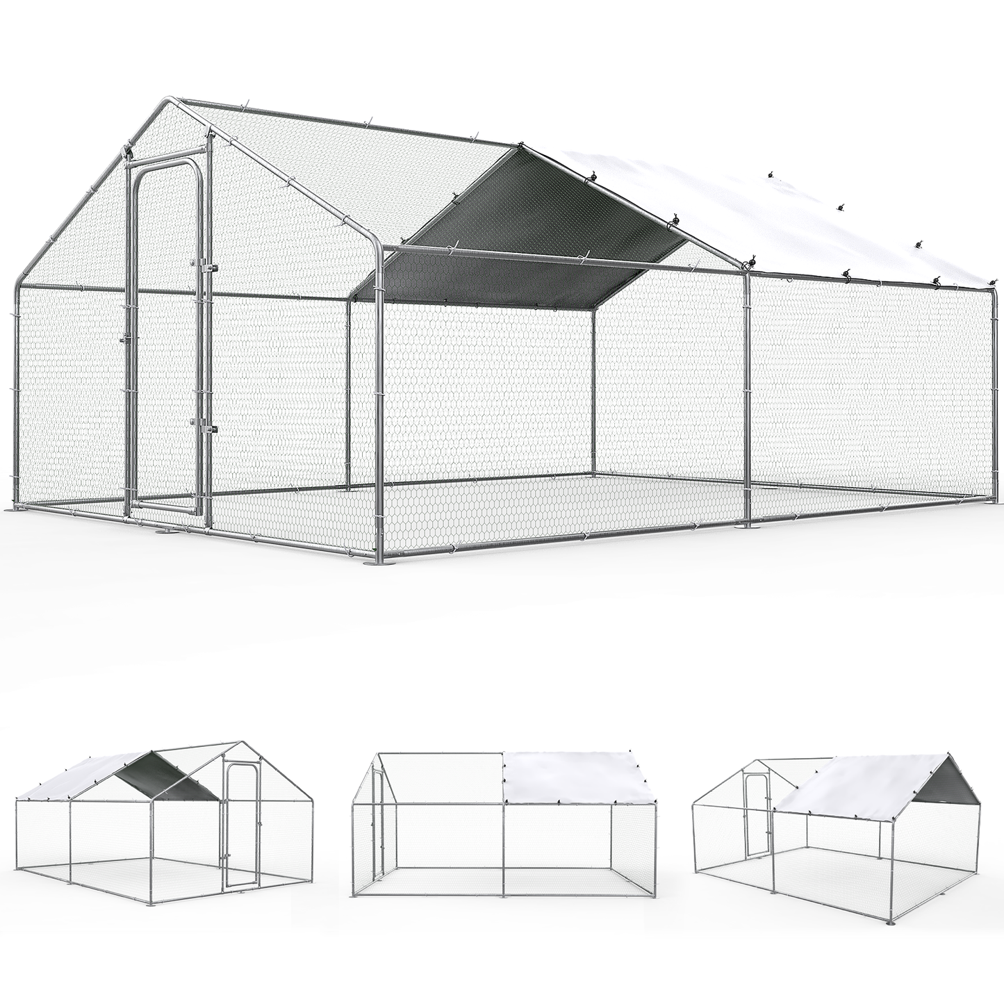 Oranland 9.9'x 9.9'x 6.5' Large Metal Chicken Coop Run, Walk-in with Galvanized Hardware, Waterproof & Anti-UV Peak Cover for Backyard, Farm