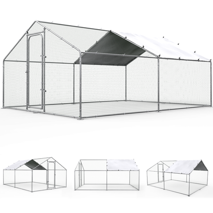 Oranland 9.9'x 9.9'x 6.5' Large Metal Chicken Coop Run, Walk-in with Galvanized Hardware, Waterproof & Anti-UV Peak Cover for Backyard, Farm