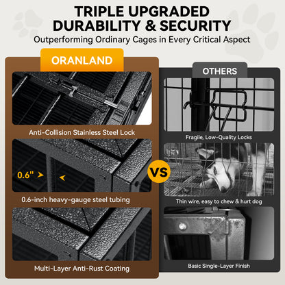 Oranland 48Inch Heavy Duty Dog Crate Cage Kennel with Wheels, High Anxiety Indestructible, Sturdy Locks Design, Double Door and Removable Tray, Extra Large XL XXL