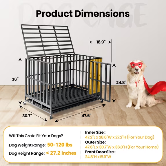 Oranland 48 inch Heavy Duty Dog Crate for High Anxiety Large Dogs,2026 Ultimate Escape Proof Base Plate,Steel Dog Kennel/Max Load Capacity 300lbs/Double Door with Wheels