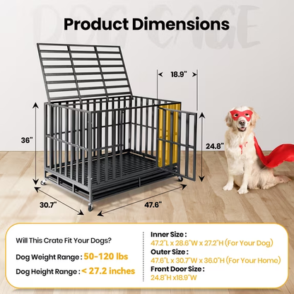 Oranland 48 inch Heavy Duty Dog Crate for High Anxiety Large Dogs,2026 Ultimate Escape Proof Base Plate,Steel Dog Kennel/Max Load Capacity 300lbs/Double Door with Wheels