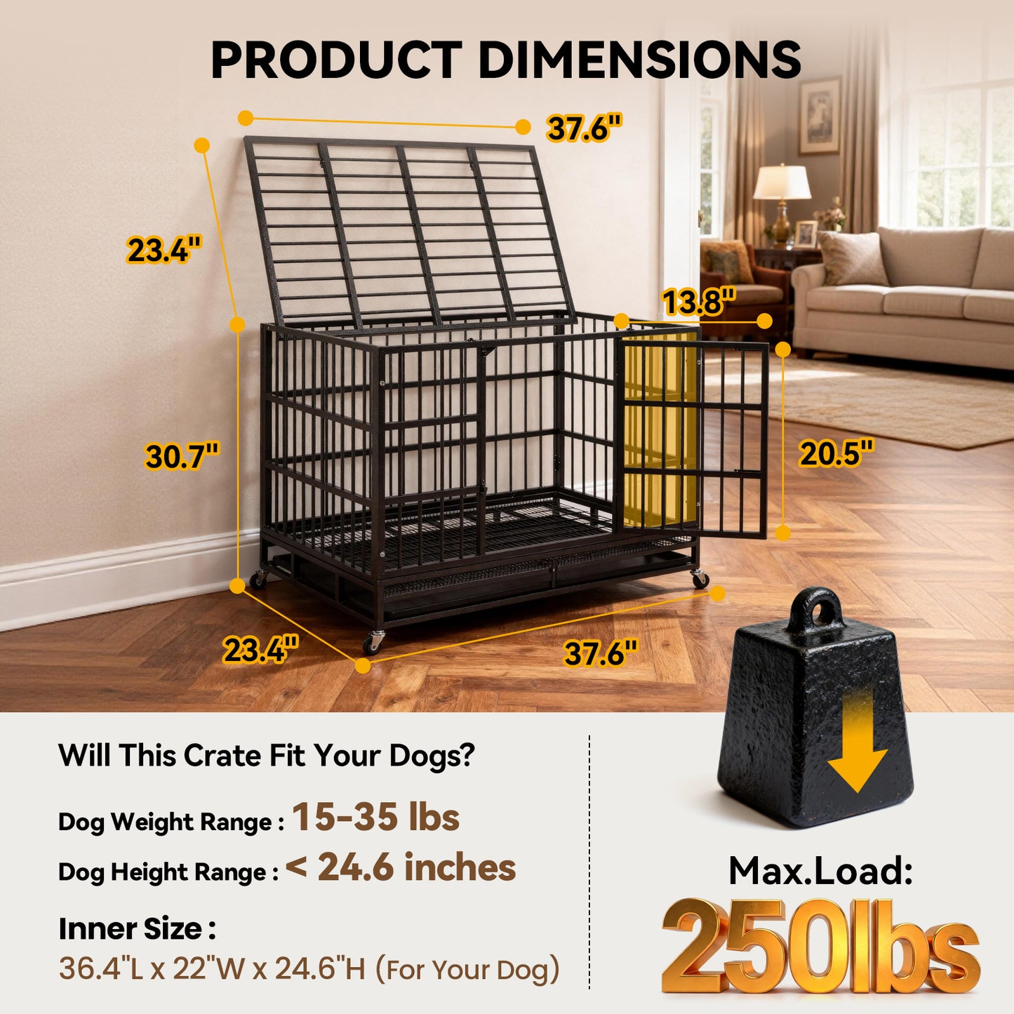 Oranland 48Inch Heavy Duty Dog Crate Cage Kennel with Wheels, High Anxiety Indestructible, Sturdy Locks Design, Double Door and Removable Tray, Extra Large XL XXL