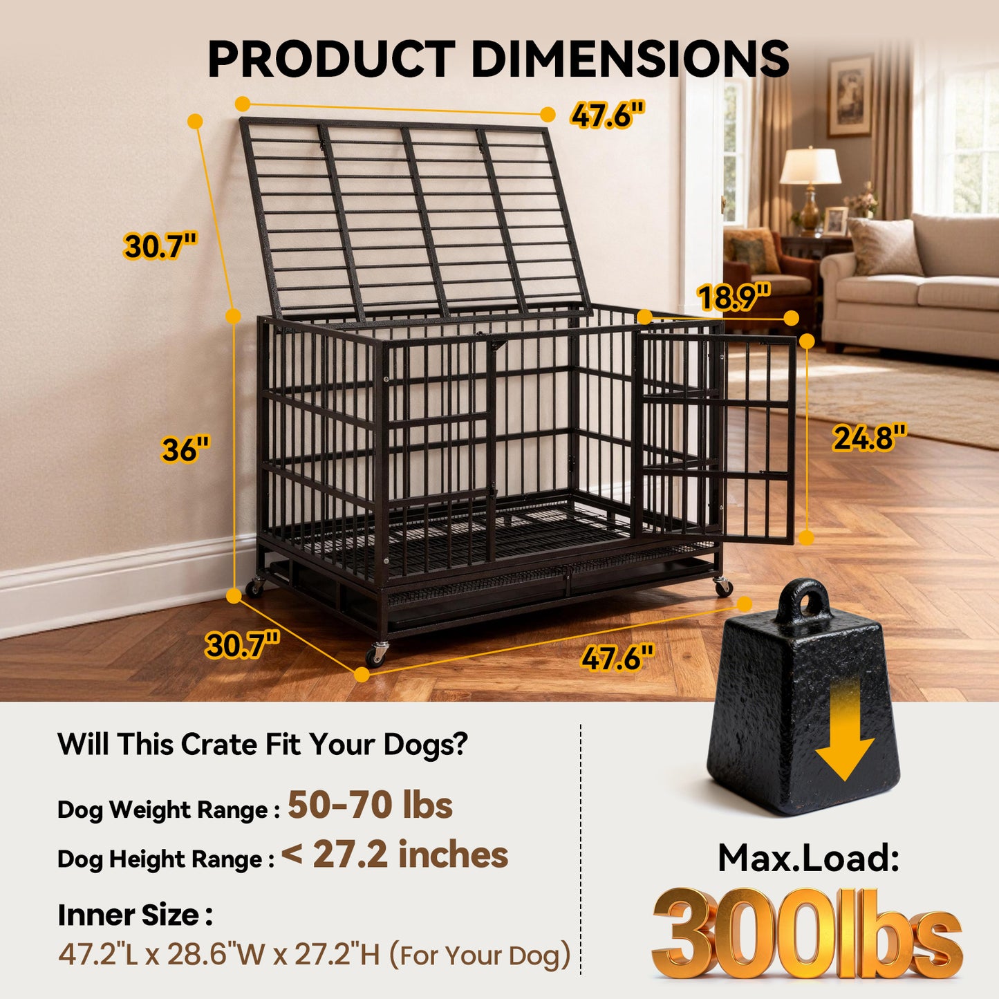 Oranland 48Inch Heavy Duty Dog Crate Cage Kennel with Wheels, High Anxiety Indestructible, Sturdy Locks Design, Double Door and Removable Tray, Extra Large XL XXL