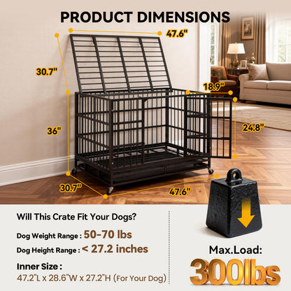 Oranland 48Inch Heavy Duty Dog Crate Cage Kennel with Wheels, High Anxiety Indestructible, Sturdy Locks Design, Double Door and Removable Tray, Extra Large XL XXL