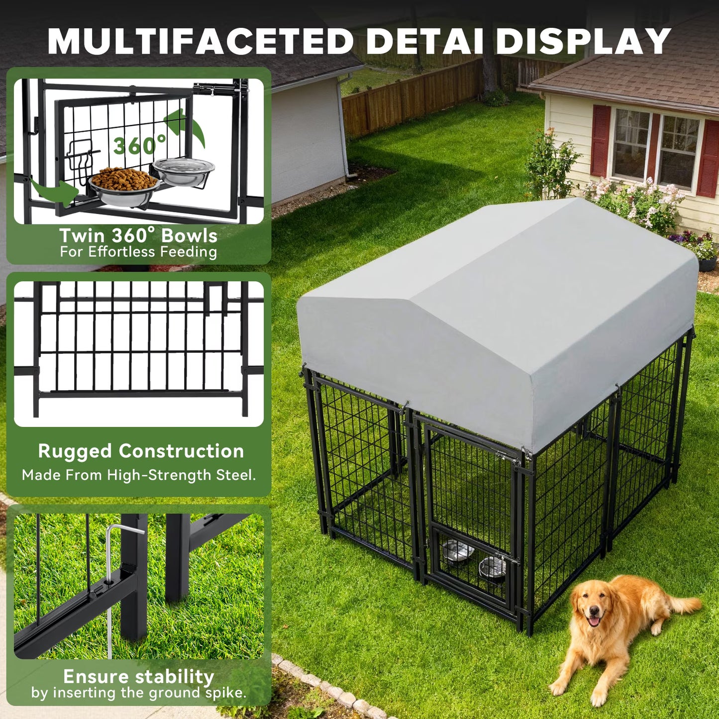 Oranland 8 x4 x5FT Outdoor Large Dog Kennel, Heavy Duty Modular Dog Cage with Waterproof Cover, Dog Playpen with 2 Rotating Bowls & Secure Lock for Patio, Garden, Backyard