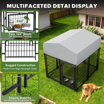 Oranland 8 x4 x5FT Outdoor Large Dog Kennel, Heavy Duty Modular Dog Cage with Waterproof Cover, Dog Playpen with 2 Rotating Bowls & Secure Lock for Patio, Garden, Backyard