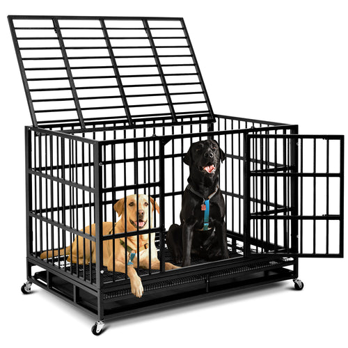 Oranland 48Inch Heavy Duty Dog Crate Cage Kennel with Wheels, High Anxiety Indestructible, Sturdy Locks Design, Double Door and Removable Tray, Extra Large XL XXL