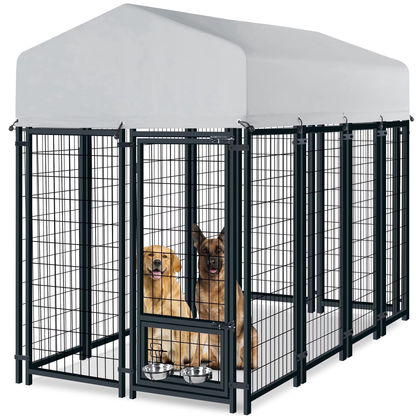 Oranland 8'x 4'x 6' Outdoor Large Dog Kennel, Welded Rectangular Dog Pens Cage with Waterproof Cover, Dog Playpen with 2 Rotating Bowls & Secure Lock for Patio, Garden, Backyard